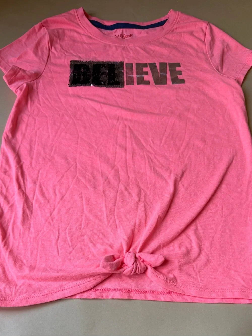 Cat & Jack Girls Pink Believe Sequin Tie Front Top Size 10-12